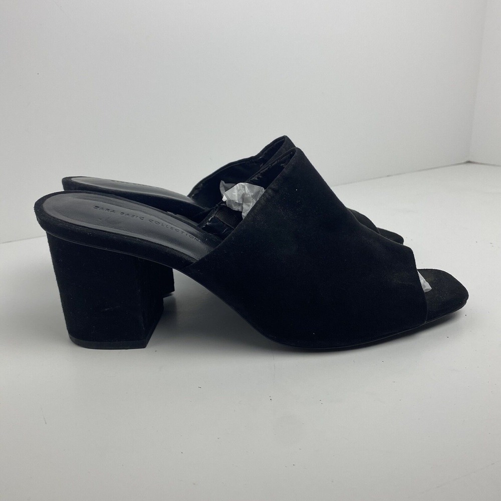 Zara‎ Women's Size 38 Chunky Heel Mules Peep Toe Black Suede Y2K Minimalistic
